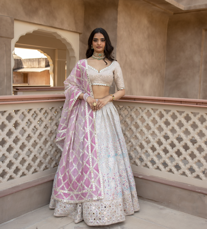 Abhinav Mishra Gotta mirror embellished blouse with printed gotta skirt - The Grand Trunk