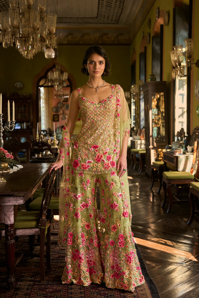 Seema Gujral Leaf Green Three-Dimensional Sharara Set