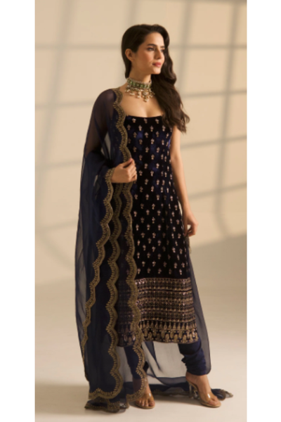 Astha Narang velvet buti long kurta set
