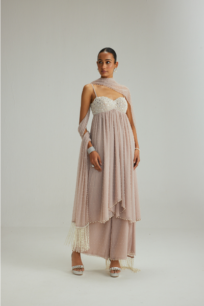 Ash Pink Mirror and Pearl Asymmetrical Kurta set