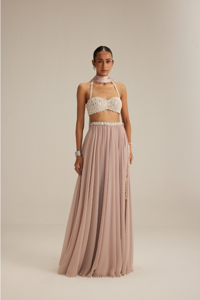 Ash Pink Georgette Skirt with Halter neck Blouse and stole