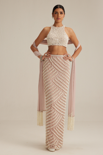 Ash Pink Pearl Drop Pencil Skirt Set