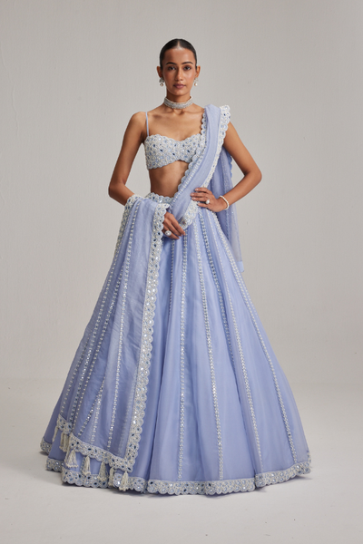Dew Blue linear Mirror Organza Lehenga Set