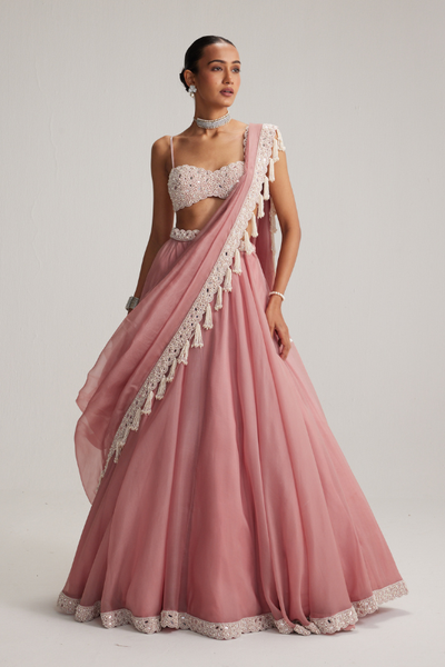 Dusty Rose Organza mirror and pearl lehenga set
