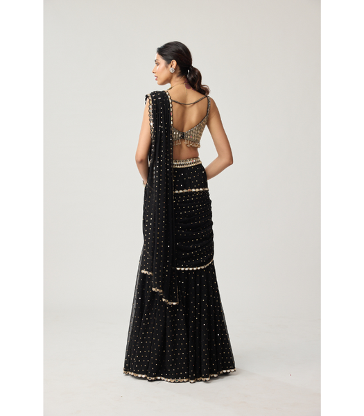 Black Georgette Flared pants Saree Set - The Grand Trunk