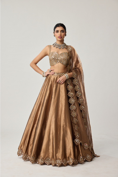 Copper Tissue Mirror Geometry Lehenga Set