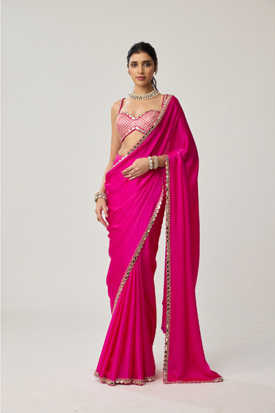 Fuchsia Pink Gota Mirror Saree Set