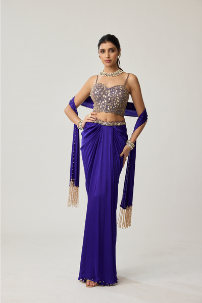 Persian Blue Mirror Corset Satin draped skirt Set