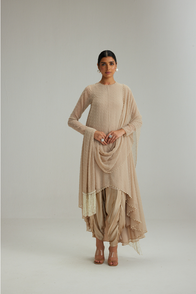 Light Beige Pearl Scattered Dhoti Kurta Set With Stole