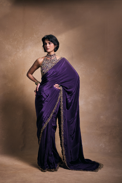 Tamanna Punjabi Kapoor in Deep Purple Crepe Saree - The Grand Trunk