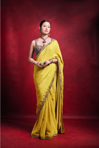 Abhinav Mishra Yellow Crepe Saree - The Grand Trunk
