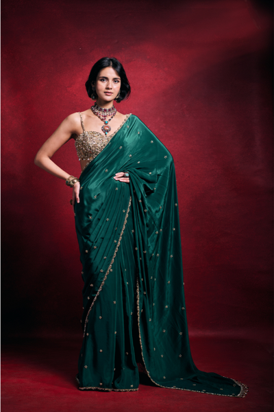 Tamanna Punjabi Kapoor In Emerald Green Crepe Saree Set - The Grand Trunk