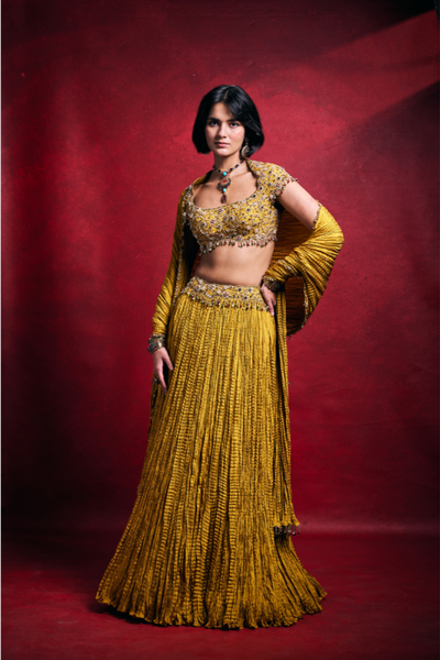 Tamanna Punjabi in Mustard Crushed Lehenga Set - The Grand Trunk