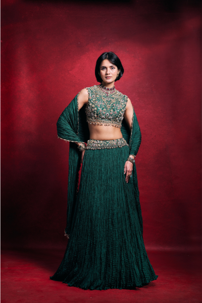 Tamanna Punjabi in Emerald Green Crushed Lehenga Set - The Grand Trunk