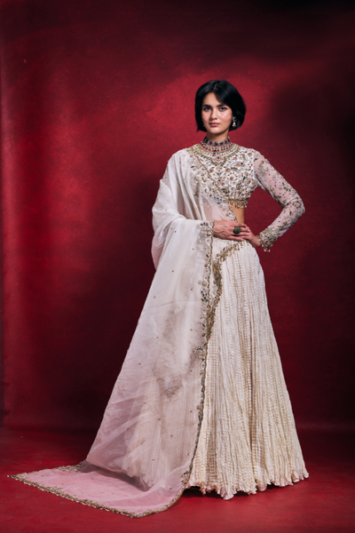Tamanna Punjabi in Ivory Crushed Lehenga Set - The Grand Trunk