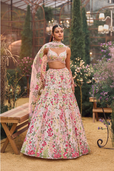 Powder Peach Multi-Coloured Lehenga Set - The Grand Trunk
