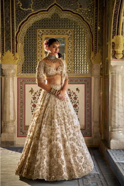 Seema Gujral Ivory Gold Floral Lehenga Set