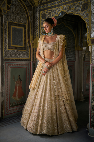 Seema Gujral Ivory Gold Pearl Lehenga Set