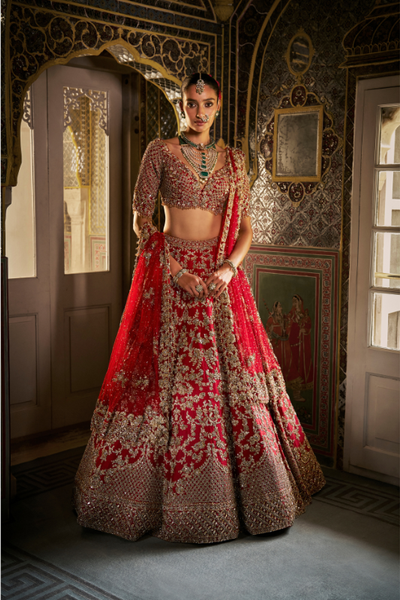 Seema Gujral Red crystal Zardosi lehenga set