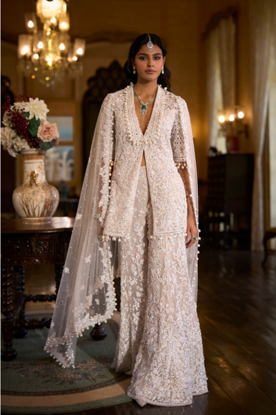 Seema Gujral White Sequin Jacket Sharara Pant  Set