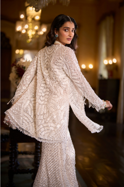 Seema Gujral White Sequin  Open Jacket - Sharara Pant Set