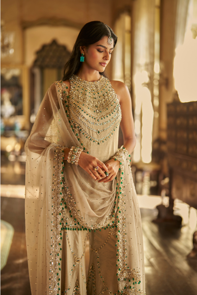 Seema Gujral Champagne Emerald Crystal Sharara Set