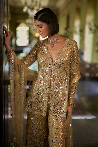 Seema Gujral Gold Mirror Work Sharara Set