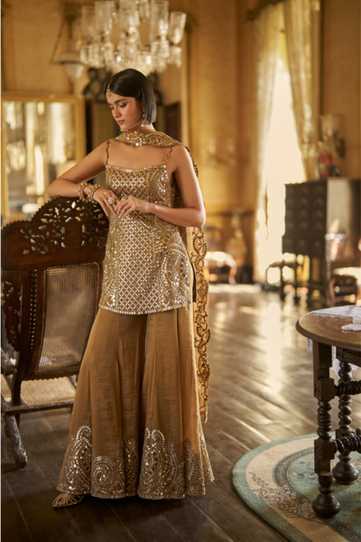 Seema Gujral Antique Gold Mirror Sharara Set