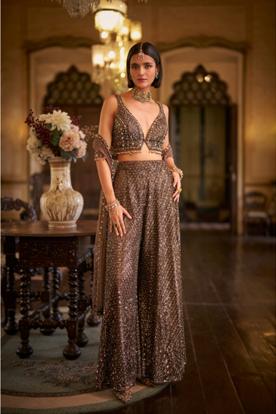 Seema Gujral Brown Sequin Sharara Set