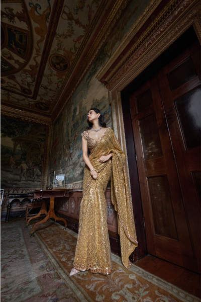 Seema Gujral Antique Gold crystal Sari