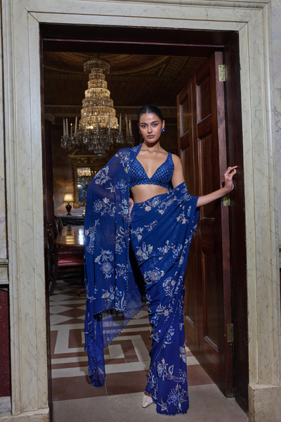 Seema Gujral Navy Blue Floral Crystal Saree