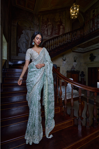 Seema Gujral Ivory Sage Zardosi Saree
