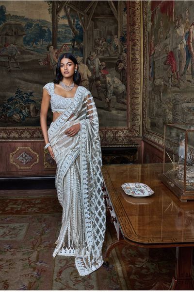 Seema Gujral Slate Ivory Stripe Saree