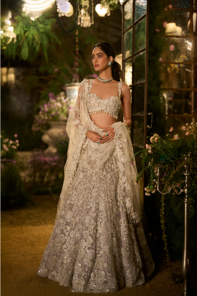 Seema Gujral in Ice Grey Pearl Lehenga Set