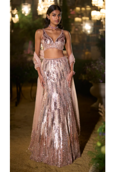 Seema Gujral in Rose Gold Fit and Flare Skirt Set
