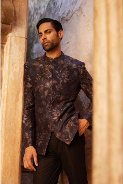 Rahin Printed Silk Bandhgala - Navy