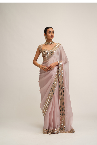 Vvani Vats Ash Pink satin organza sari set