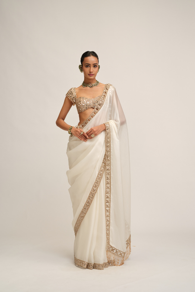 Vvani Vats Off white cutwork border sari set