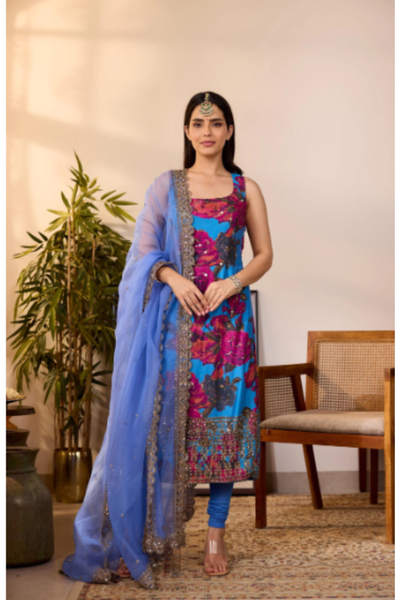 Astha Narang Turquise Chiffon floral kurti set