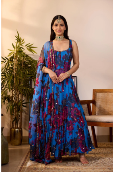 Astha Narang Turquise chiffon A-line kurta set