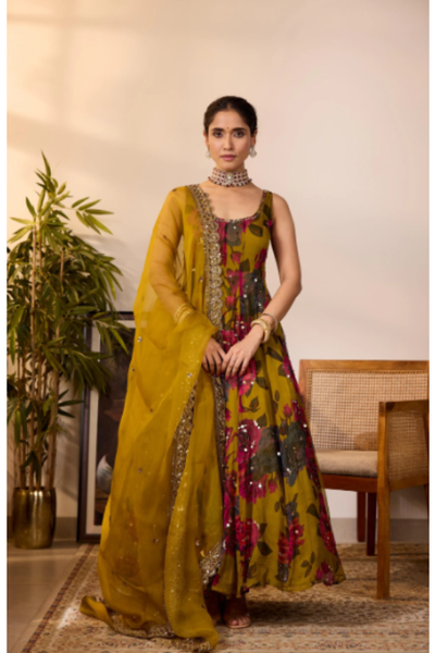 Astha Narang Mustard Chiffon Floral A-line kurta set
