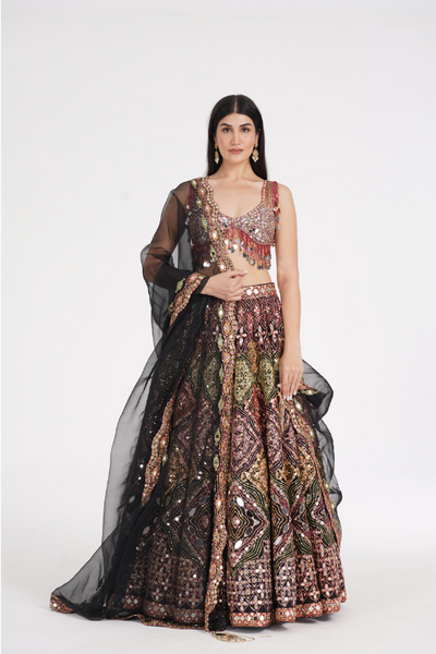Matte Black Lehenga Embellished Using Warm Pastels - The Grand Trunk