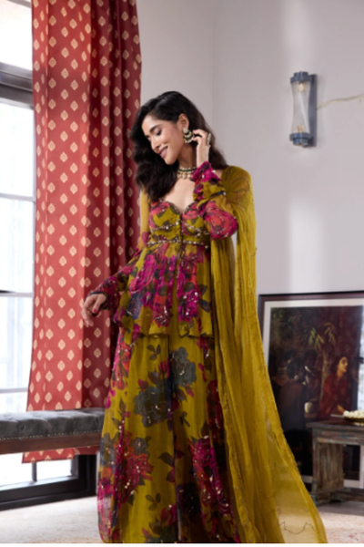 Astha Narang Mustard Floral peplum sharara