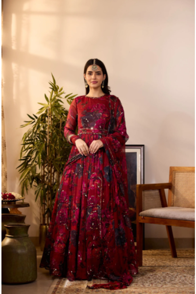 Astha Narang Deep Red Floral Anarkali set