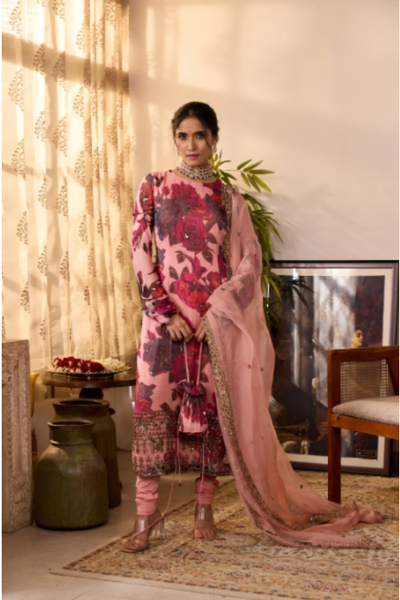 Astha Narang Peach Pink Chiffon Floral Kurti Set