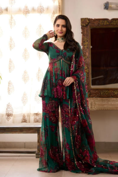 Astha Narang Teal Green Floral peplum pant set