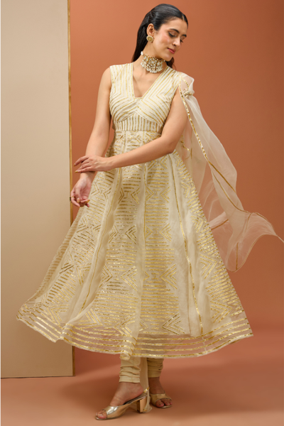 Off White Golden lace Anarkali set