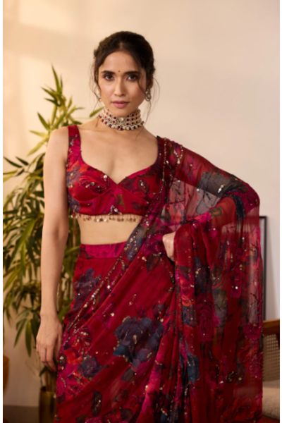 Astha Narang Deep Red Chiffon Saree