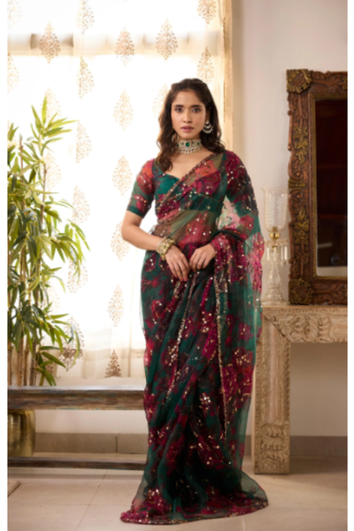 Astha Narang Teal Green Organza Floral Sari