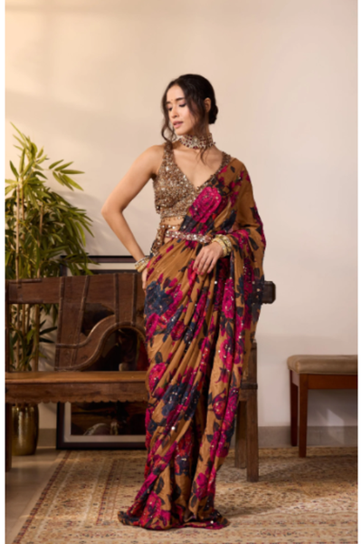 Astha Narang Dark Mustard Chiffon Floral Set